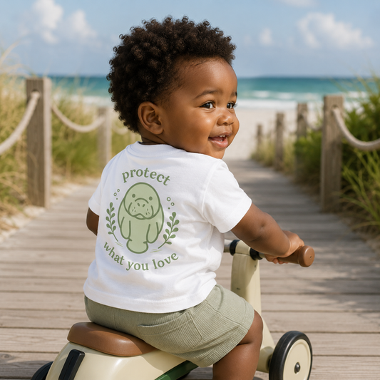 A toddler sitting on a tricycle on a wooden boardwalk with a beach in the background, wearing a white t-shirt with a green manatee graphic and the text 'protect what you love'.
