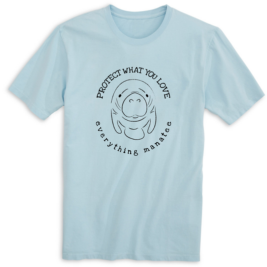 A front view of the Blue Mist Protect Manatee T-Shirt, featuring a simple yet powerful message and design that highlights the importance of protecting what we love, made with buttery soft fabric for ultimate comfort.