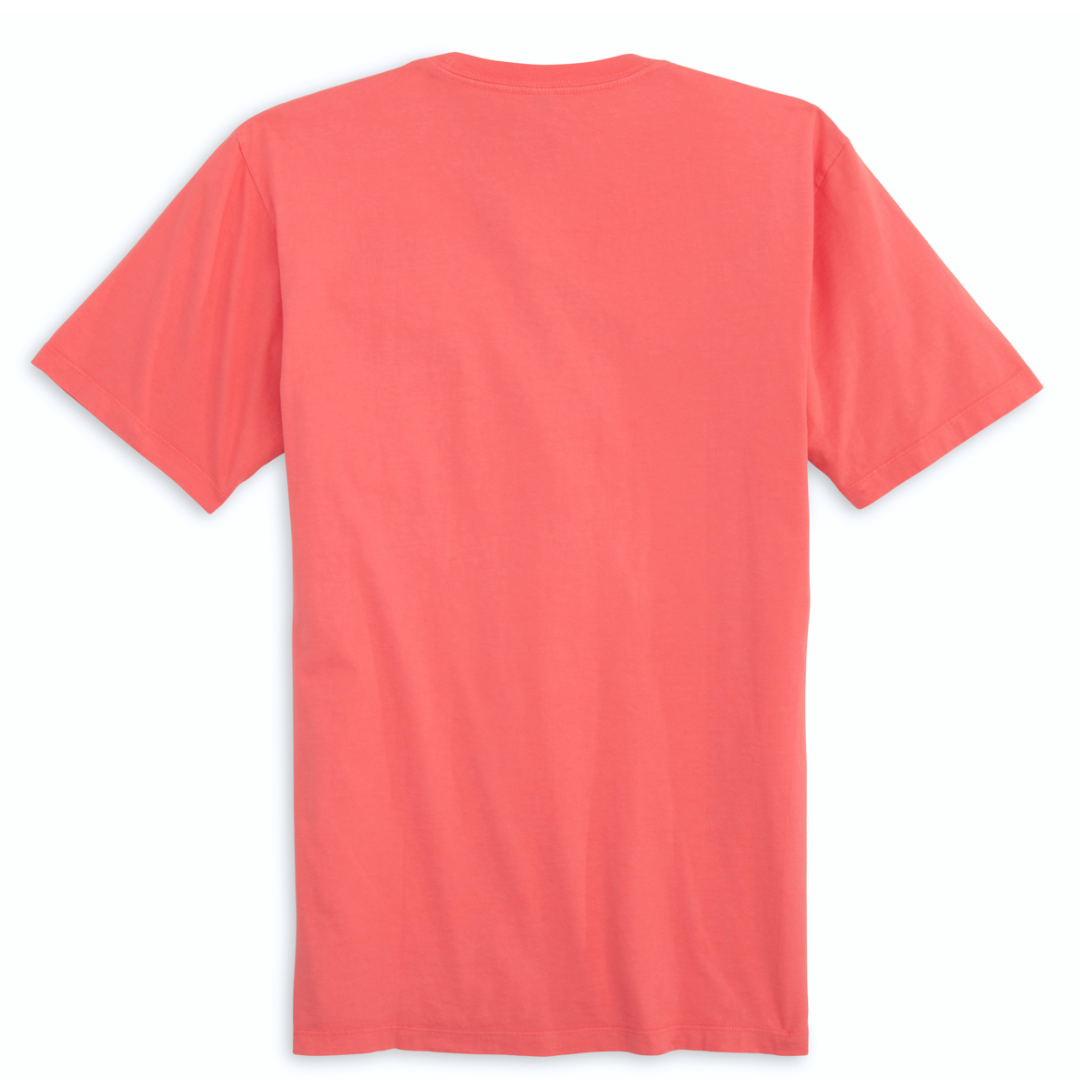A back view of the Coral Palms Manatee T-Shirt, a coral-colored tee with a fun manatee print, featuring clean finished sleeve cuffs, hems, and shoulder seams that hang better.