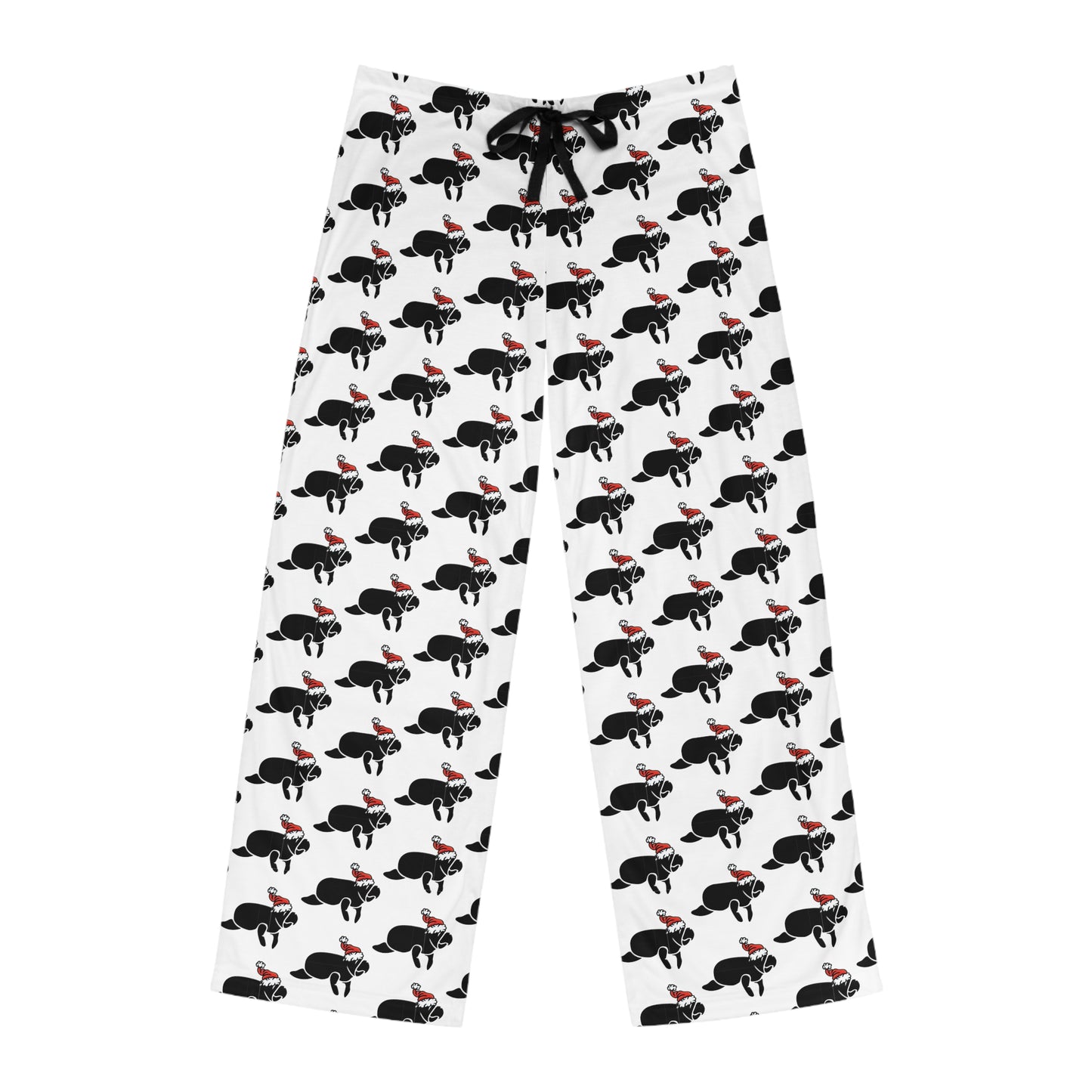 Pair of men's pajama pants with a pattern of manatees in red and white on a white background, featuring a drawstring at the back.