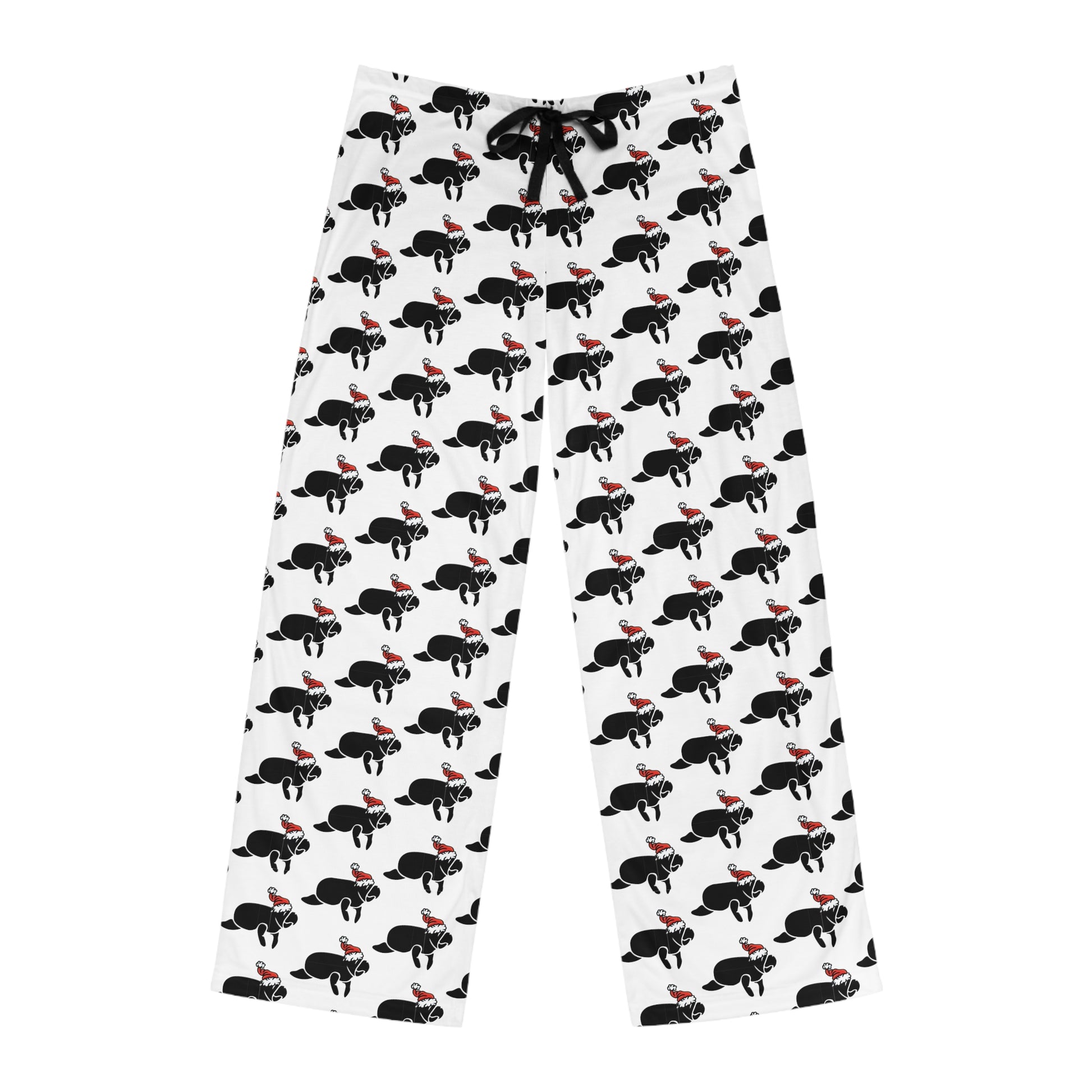 Pair of men's pajama pants with a pattern of manatees in red and white on a white background, featuring a drawstring at the back.
