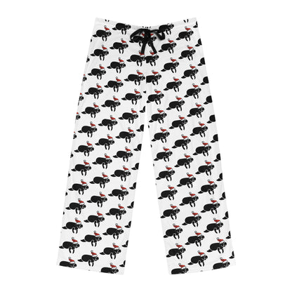 Pair of men's pajama pants with a pattern of manatees in red and white on a white background, featuring a drawstring at the back.