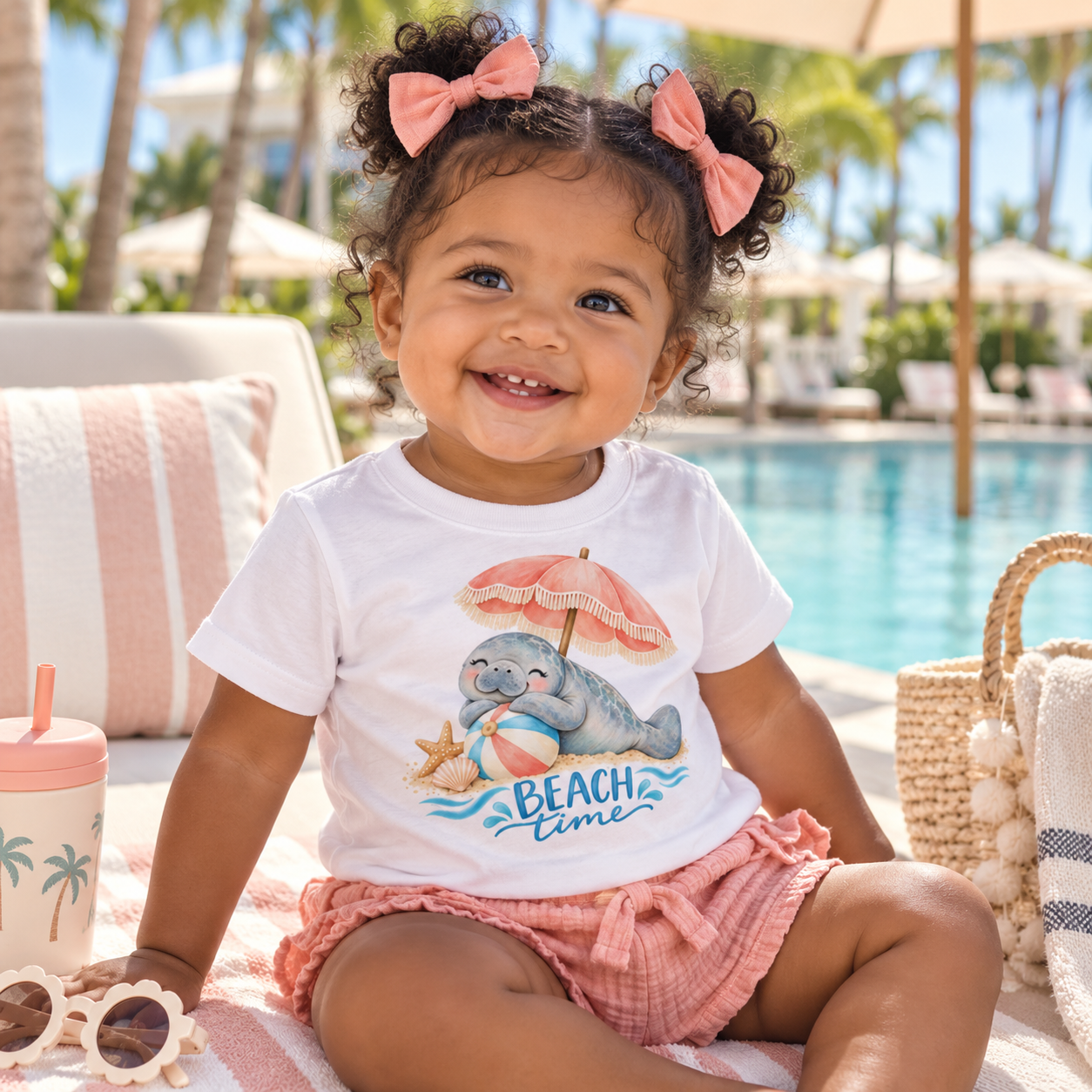 A smiling toddler girl sits by a pool wearing a white graphic T-shirt with a beach animal print and pink shorts. The scene includes lounge chairs, umbrellas, palm trees, and a straw bag in a sunny outdoor setting.