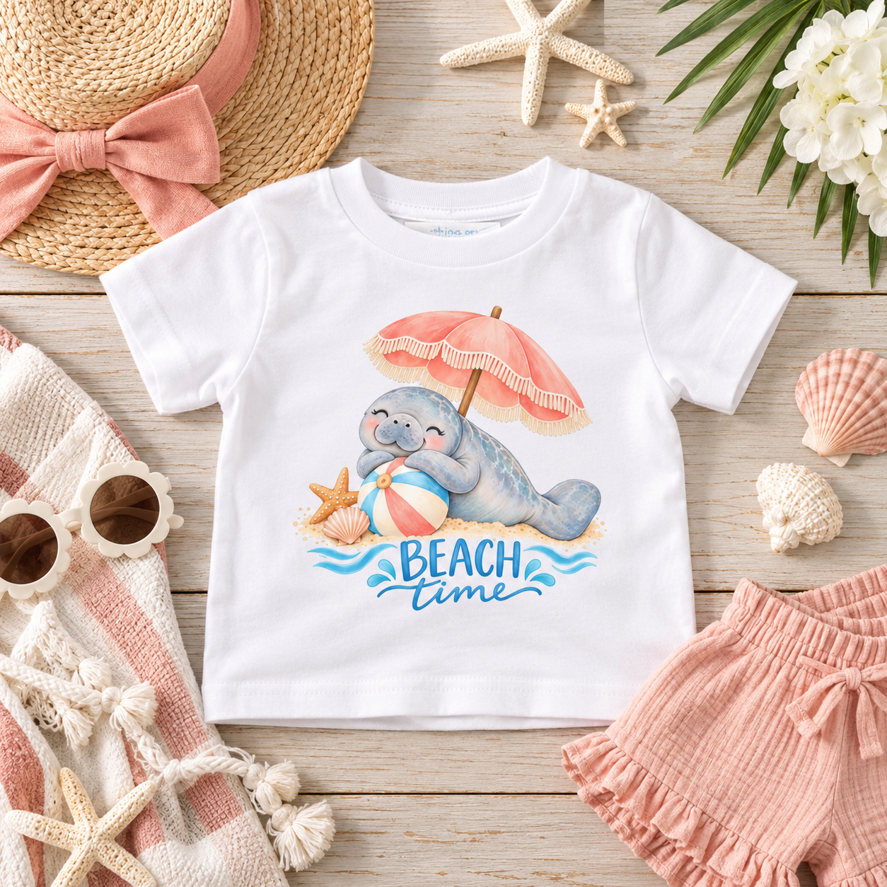 A white short-sleeve baby tee with a colorful cartoon manatee beach graphic and the words 'BEACH time' printed on the front, styled in a flat lay with a straw hat, sunglasses, shorts, seashells, and starfish on a light wood surface.