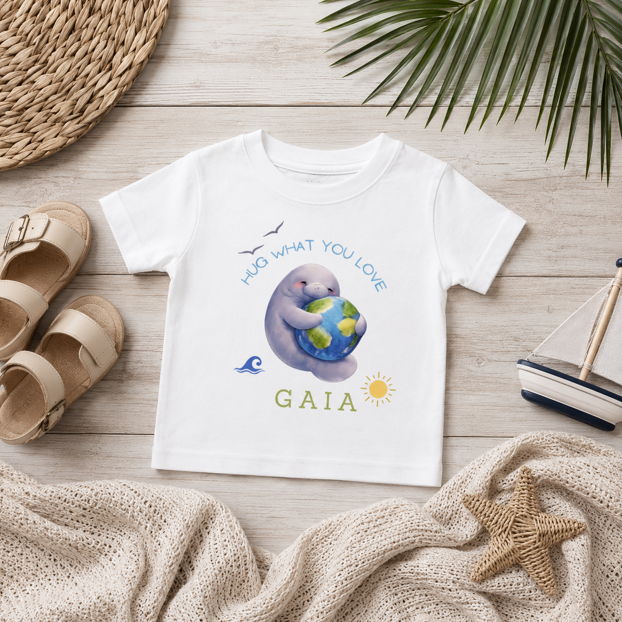 A white toddler t-shirt with a cute graphic of a blue and purple dolphin holding a green and blue globe, with the text 'HUG WHAT YOU LOVE' and 'GAIA'. The shirt is displayed in a styled flat-lay on a light wood background with beach-themed props including sandals, a woven mat, a palm leaf, a knit blanket, and a small model sailboat.