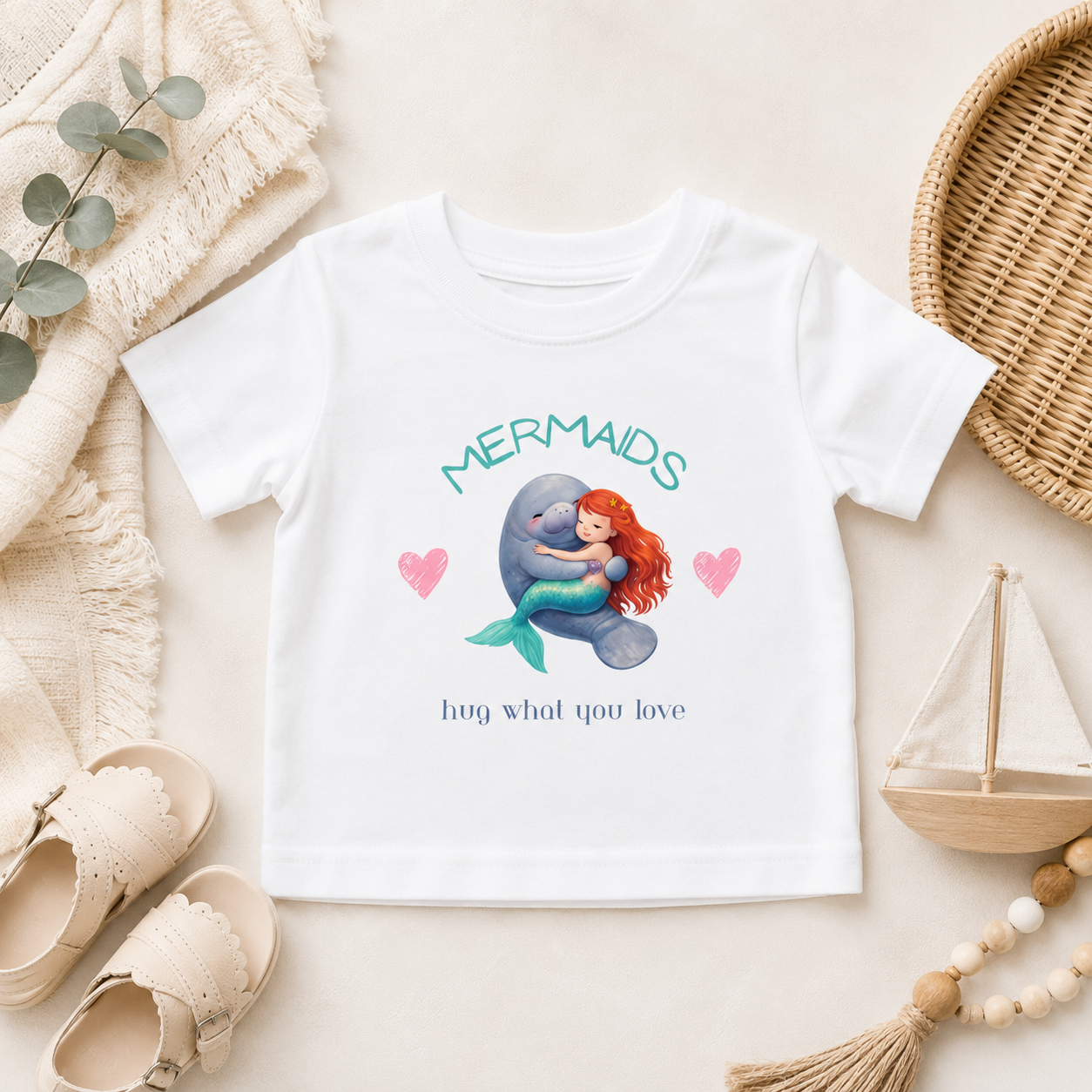 A white toddler t-shirt featuring a cute graphic of a mermaid hugging a blue whale, with the text 'MERMAIDS' and 'hug what you love'. The shirt is displayed in a styled flat-lay setting with a beige blanket, baby sandals, a wooden toy boat, and a wicker basket.