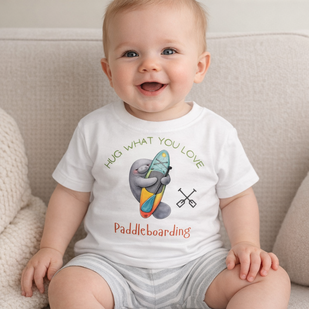 Baby wearing a white onesie with paddleboarding design and text