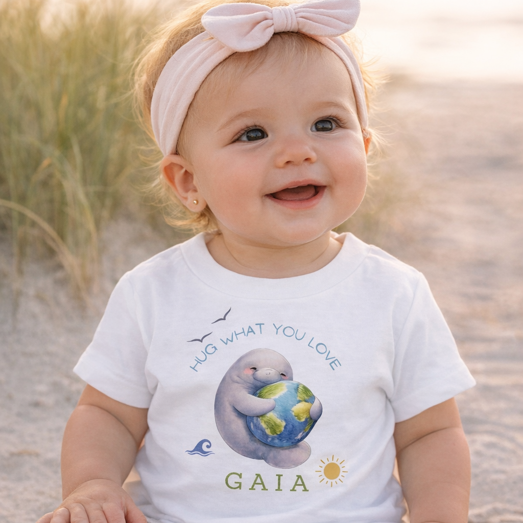 Baby sitting on sand wearing a white t-shirt with a graphic design and text.