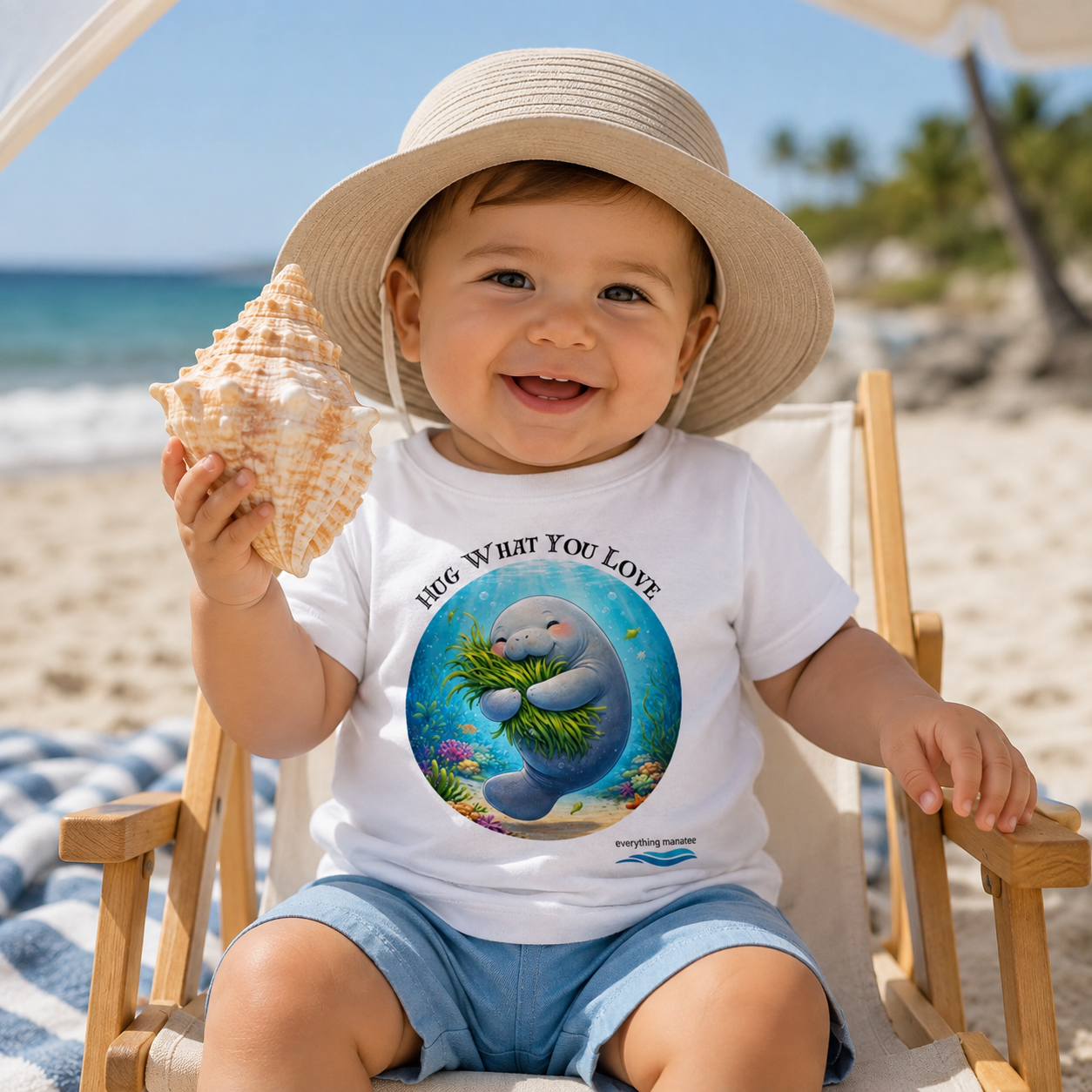 A baby sitting on a beach chair at the beach, wearing a white t-shirt with a colorful cartoon manatee graphic and the text 'HUG WHAT YOU LOVE', along with blue shorts and a beige sun hat, holding a seashell.