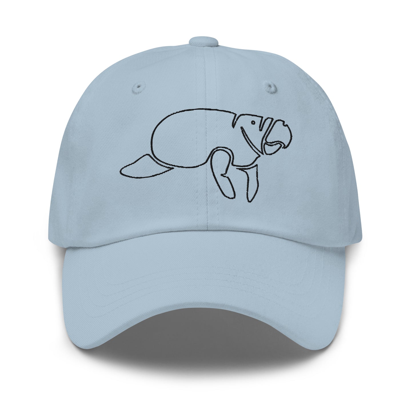 A blue unstructured low-profile hat with a curved visor, featuring an embroidered manatee design on the front.