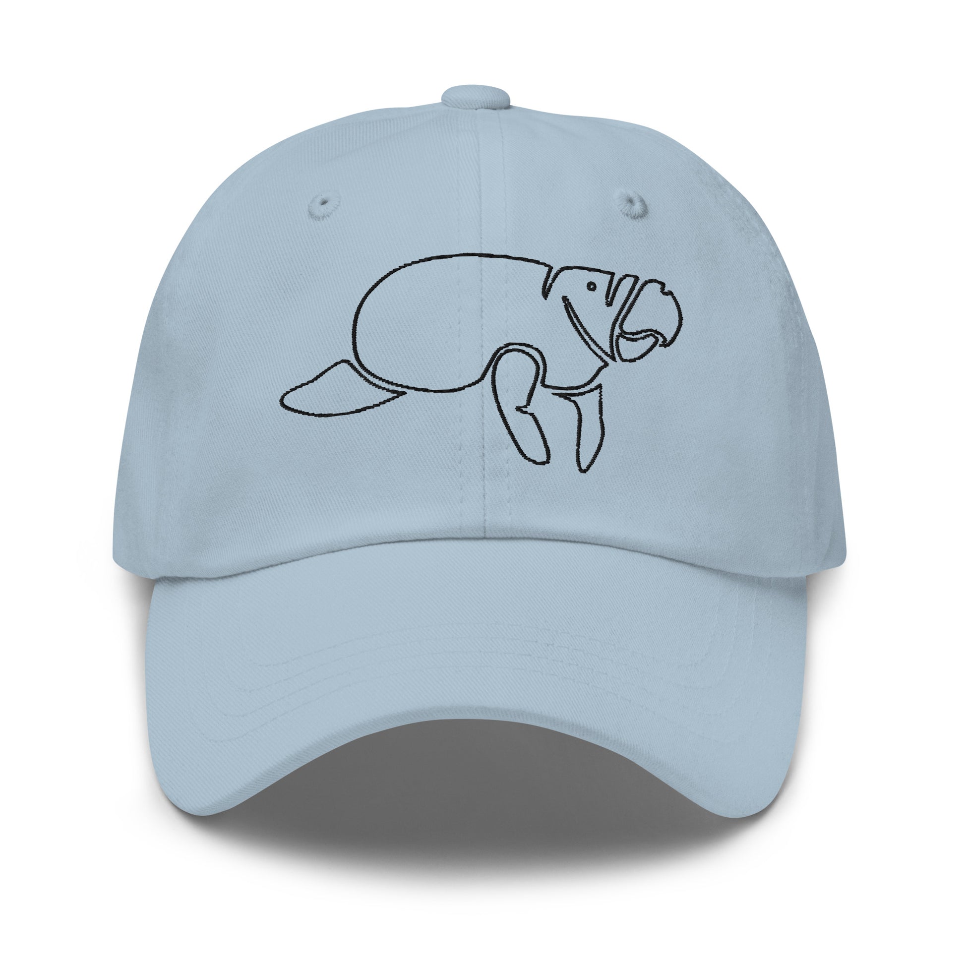 A blue unstructured low-profile hat with a curved visor, featuring an embroidered manatee design on the front.