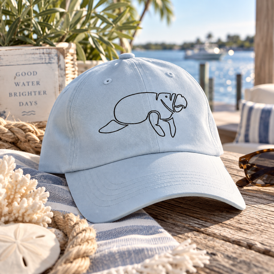 A light blue baseball cap with a black line art drawing of a manatee on the front, styled on a wooden table with a blue and white striped towel, rope, and a sunny waterfront background.