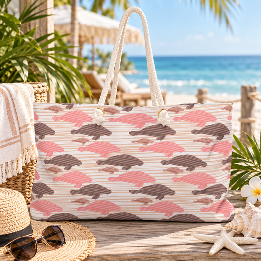 Pink & Taupe Manatee Pattern Weekender Bag — Cute Beach Travel Tote