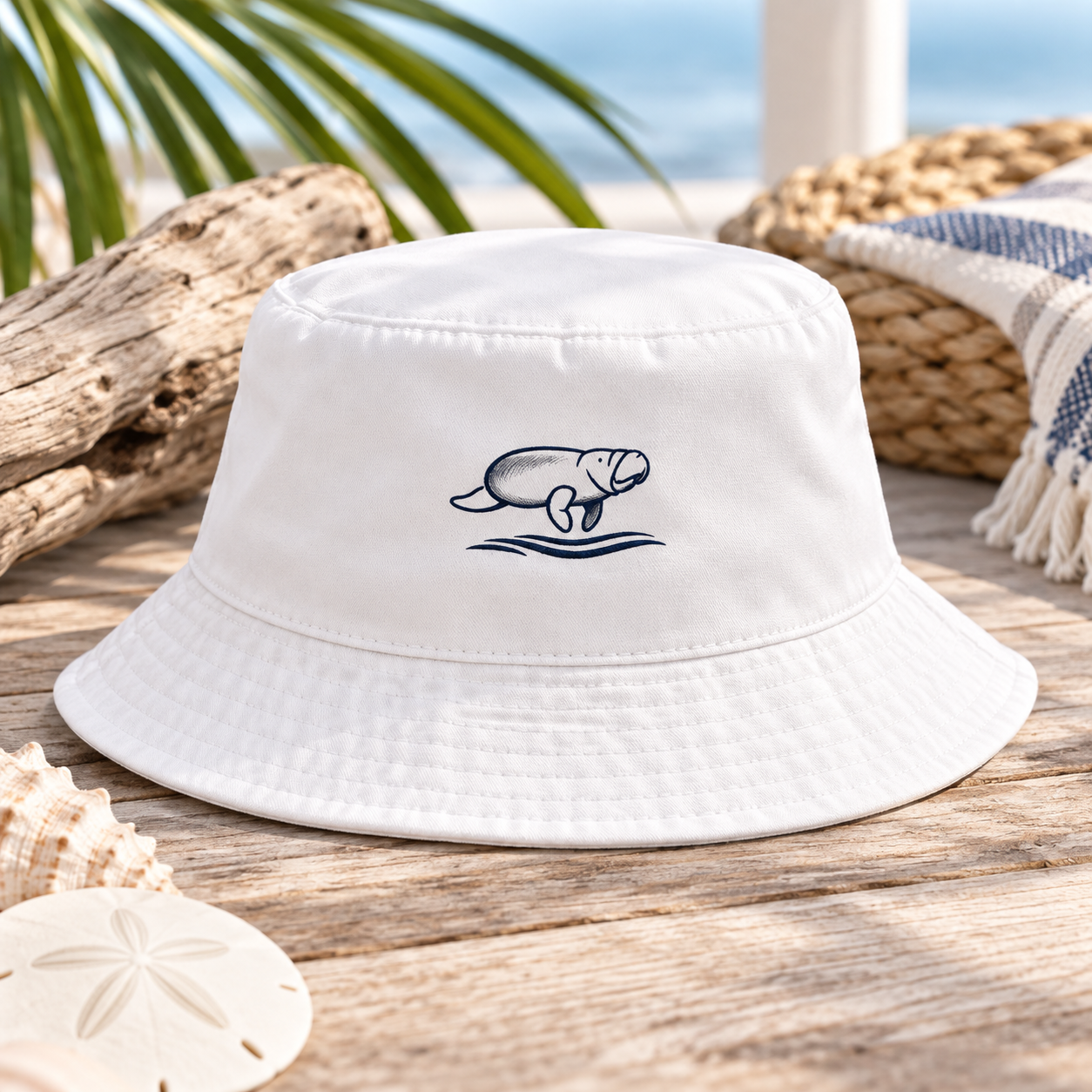 A white bucket hat with a navy blue embroidered manatee graphic on the front, displayed on a rustic wooden surface with beach-themed props like driftwood, a woven basket, and a seashell.
