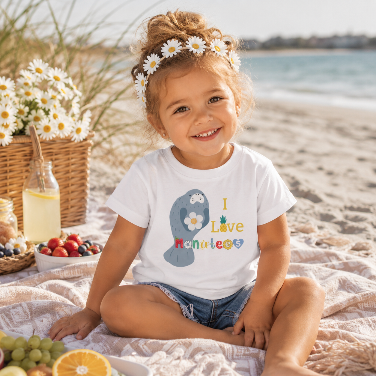 A young child sitting on a beach blanket on a sandy beach, wearing a white graphic t-shirt with a blue seal and the text 'I Love Monatees' in colorful letters, alongside a daisy flower crown.