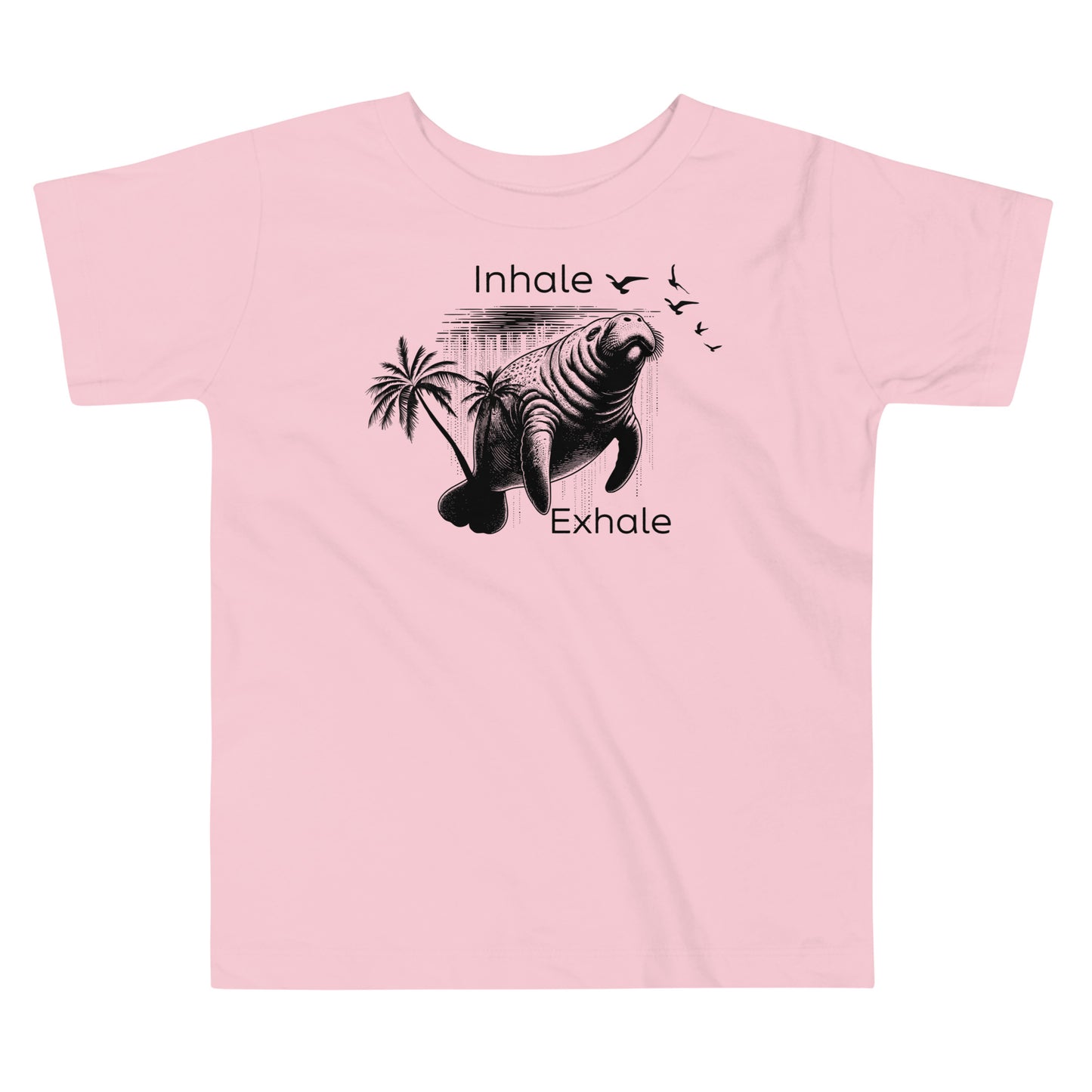 A pink toddler t-shirt with a graphic of a manatee and the text 'Inhale' and 'Exhale' on it.