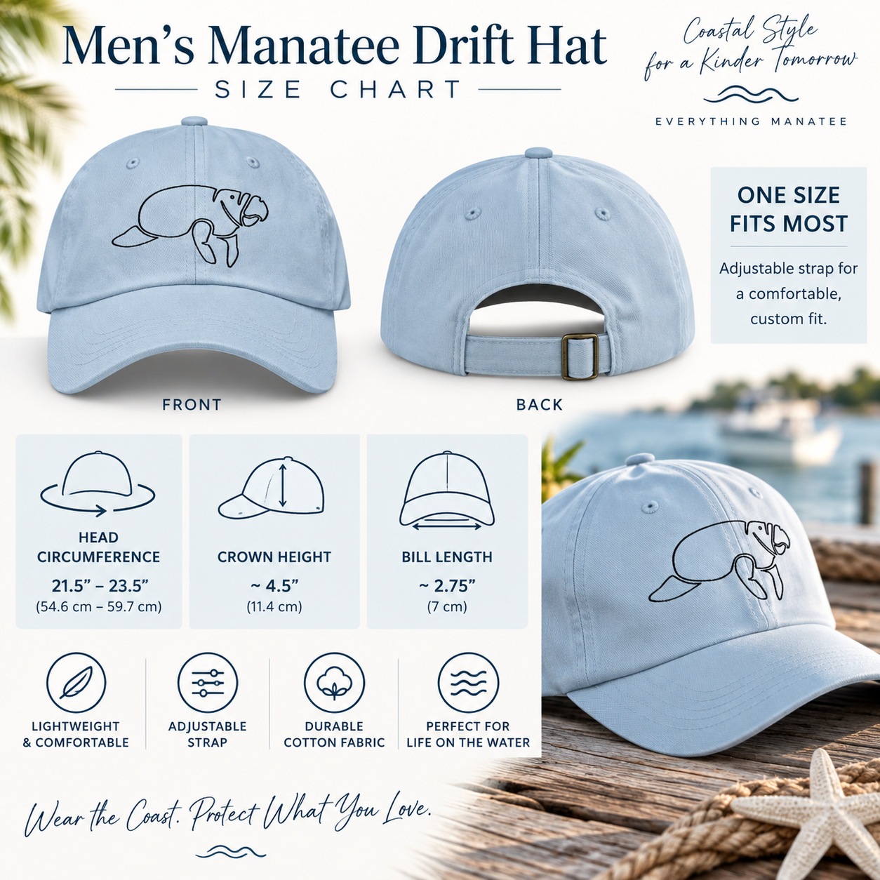 A size chart and fit guide for the Men's Manatee Drift Hat by Everything Manatee. The graphic features front and back views of a light blue baseball cap with a line-drawn manatee logo, along with a measurement table detailing head circumference, crown height, and bill length.
