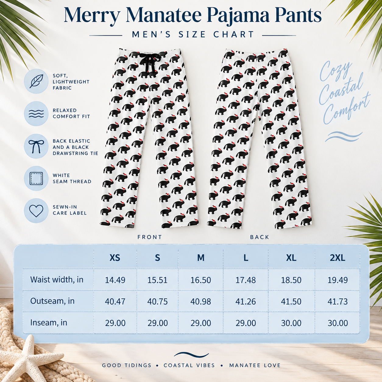 A size chart graphic for Merry Manatee Pajama Pants, showing front and back views of white pants with a black elephant print and a black-and-white drawstring tie. The chart includes a size table from XS to 2XL with waist, outseam, and inseam measurements, plus feature icons and decorative beach-themed graphics.