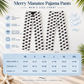 A size chart graphic for Merry Manatee Pajama Pants, showing front and back views of white pants with a black elephant print and a black-and-white drawstring tie. The chart includes a size table from XS to 2XL with waist, outseam, and inseam measurements, plus feature icons and decorative beach-themed graphics.