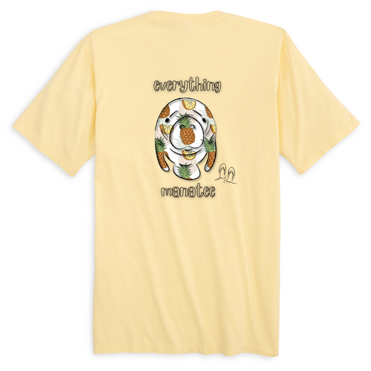 Back view of Pineapples & Paradise Manatee T-Shirt in banana yellow color