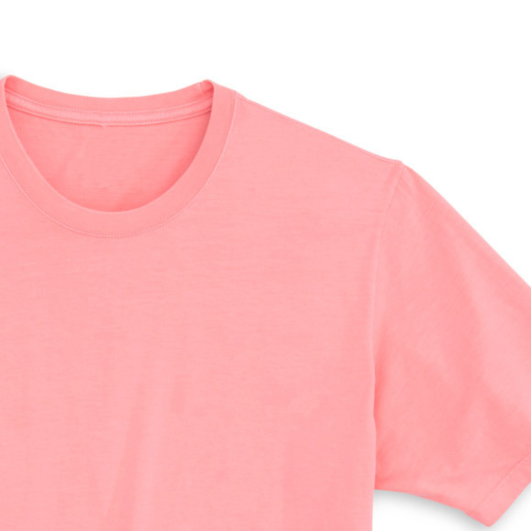 A side-view of the Pink Salt Protect Manatee T-Shirt, highlighting its knit tight work with fine yarn to control torque, garment washed to remove almost all shrinkage, and enzyme butterwashed to give the smoothest surface.