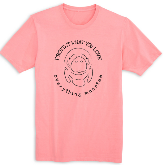 A front view of the Pink Salt Protect Manatee T-Shirt, featuring a simple yet striking design with a charming manatee graphic and "Protect" written above it.