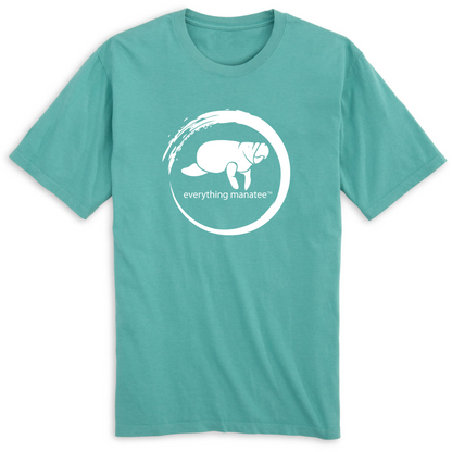 A front view of the Seafoam Manatee Wave T-Shirt, showcasing its relaxed fit and design featuring an eye-catching graphic of waves and a charming manatee.