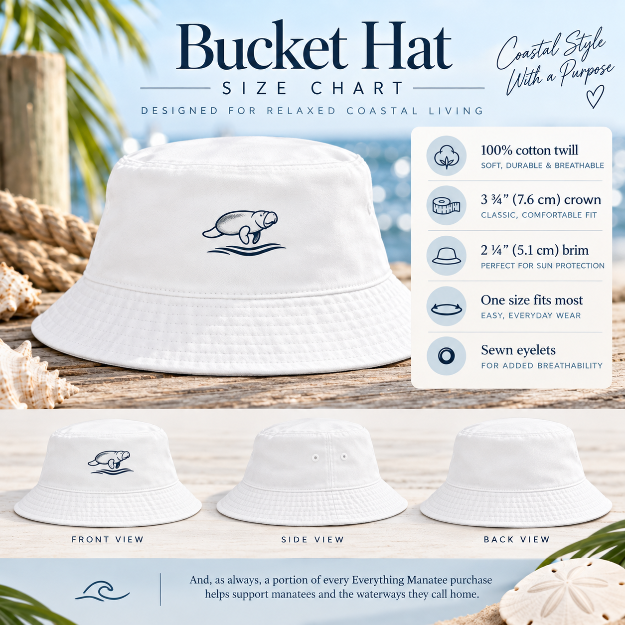 A size chart graphic for a bucket hat, showing a white cotton twill hat with a navy manatee logo on the front, plus front, side, and back views at the bottom. Text on the image describes the hat's measurements, fabric, and coastal-style features.