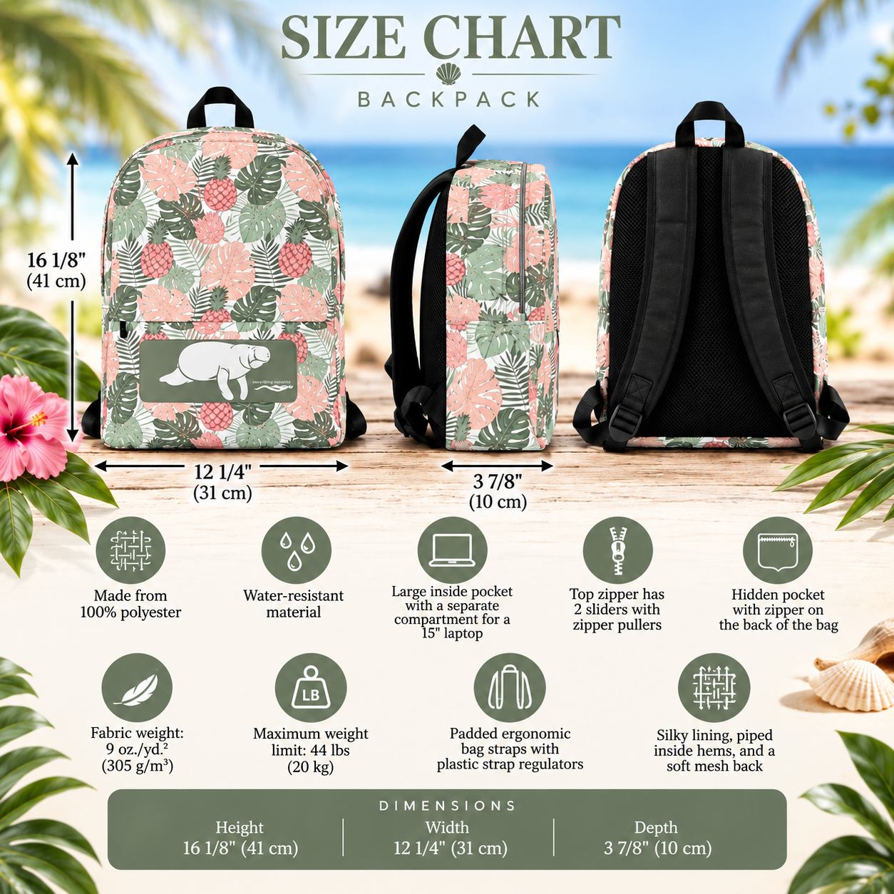 Size chart infographic for a tropical print backpack, showing the backpack from the front and back with labeled dimensions, alongside feature icons and text on a beach-themed background.