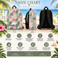Size chart infographic for a tropical print backpack, showing the backpack from the front and back with labeled dimensions, alongside feature icons and text on a beach-themed background.