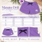 Purple Manatee Drift Sea Lavender shorts shown on a beach-themed background with a size chart, fit guide, and measurement diagram. The shorts feature a black drawstring and a white Manatee logo on the left leg.