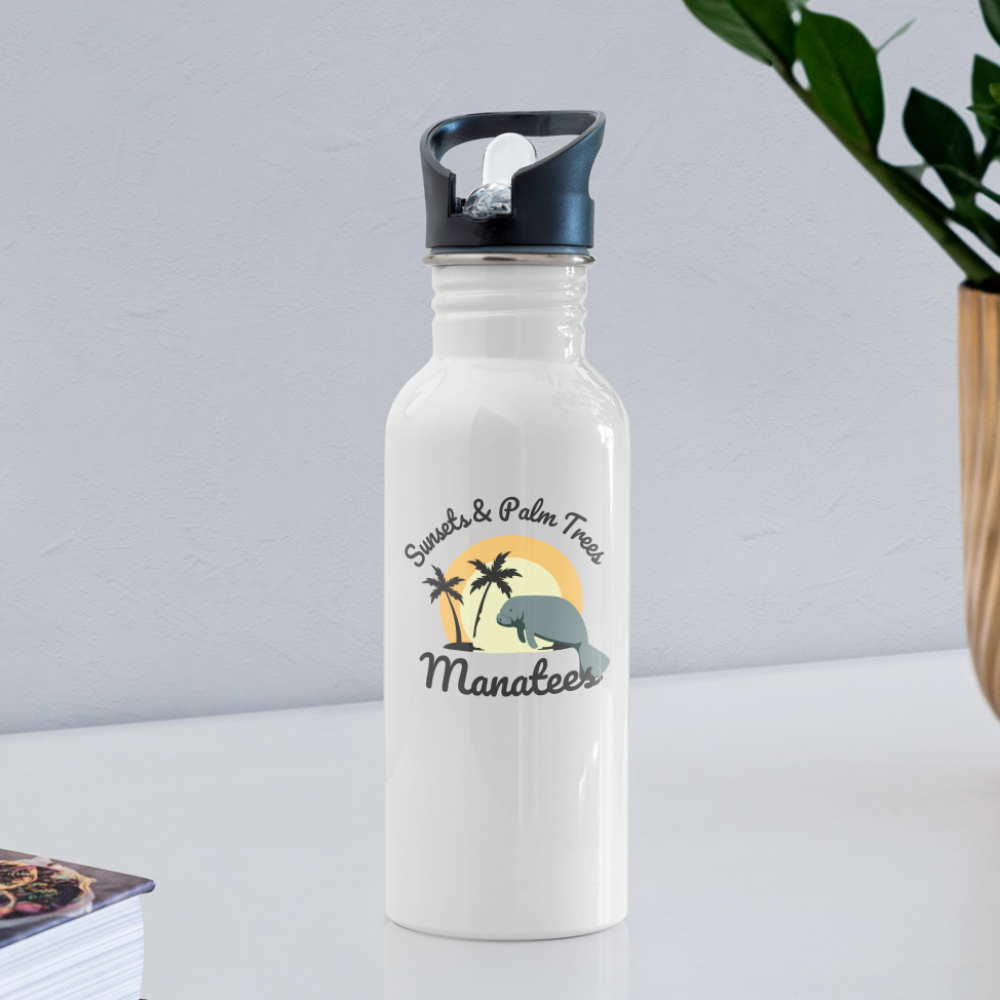 Sunsets, Palm Trees, & Manatees Water Bottle - white