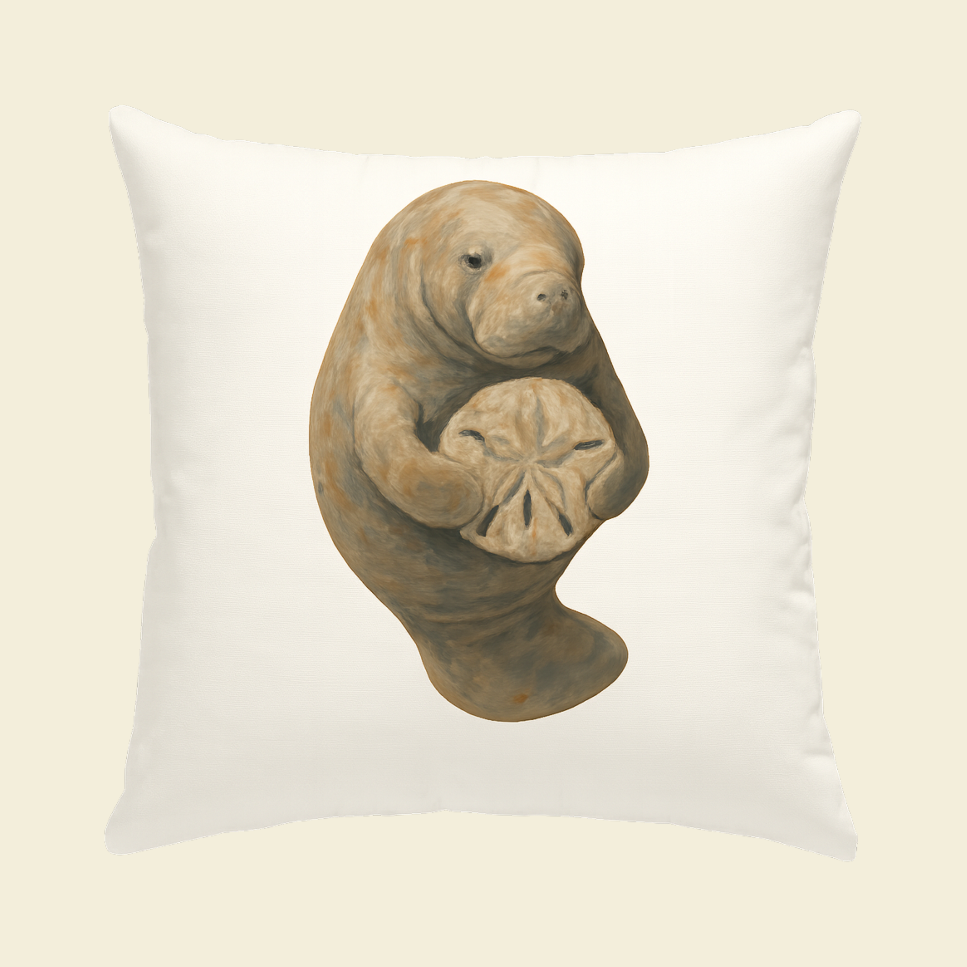 Pillow with a manatee holding a starfish design on a beige background