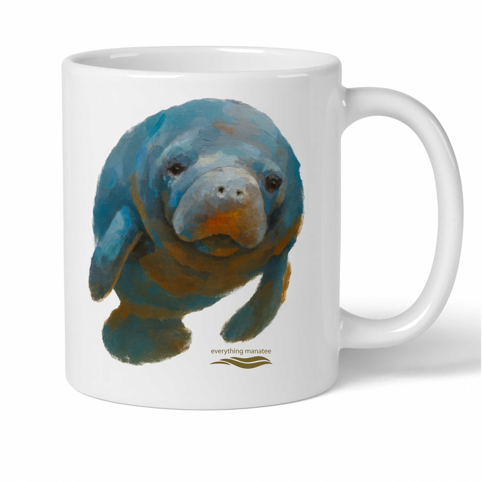 White mug with a manatee design on a white background