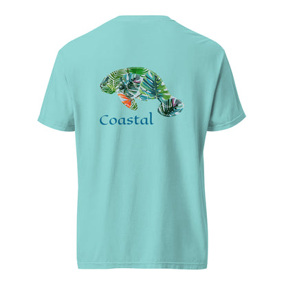 A men's turquoise t-shirt with a graphic of a manatee and the word 'COASTAL' on the back.