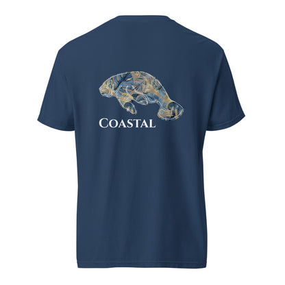A navy blue t-shirt with a graphic of a manatee and the word 'COASTAL' on the back.