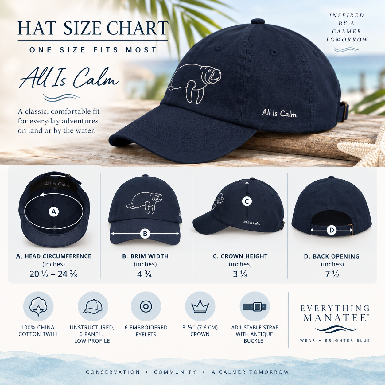 A hat size chart graphic for a navy blue baseball cap. The top half shows the cap with the 'All Is Calm' logo, and the bottom half features five labeled measurement callouts (A through D) explaining head circumference, brim width, crown height, and back opening.