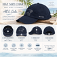 A hat size chart graphic for a navy blue baseball cap. The top half shows the cap with the 'All Is Calm' logo, and the bottom half features five labeled measurement callouts (A through D) explaining head circumference, brim width, crown height, and back opening.