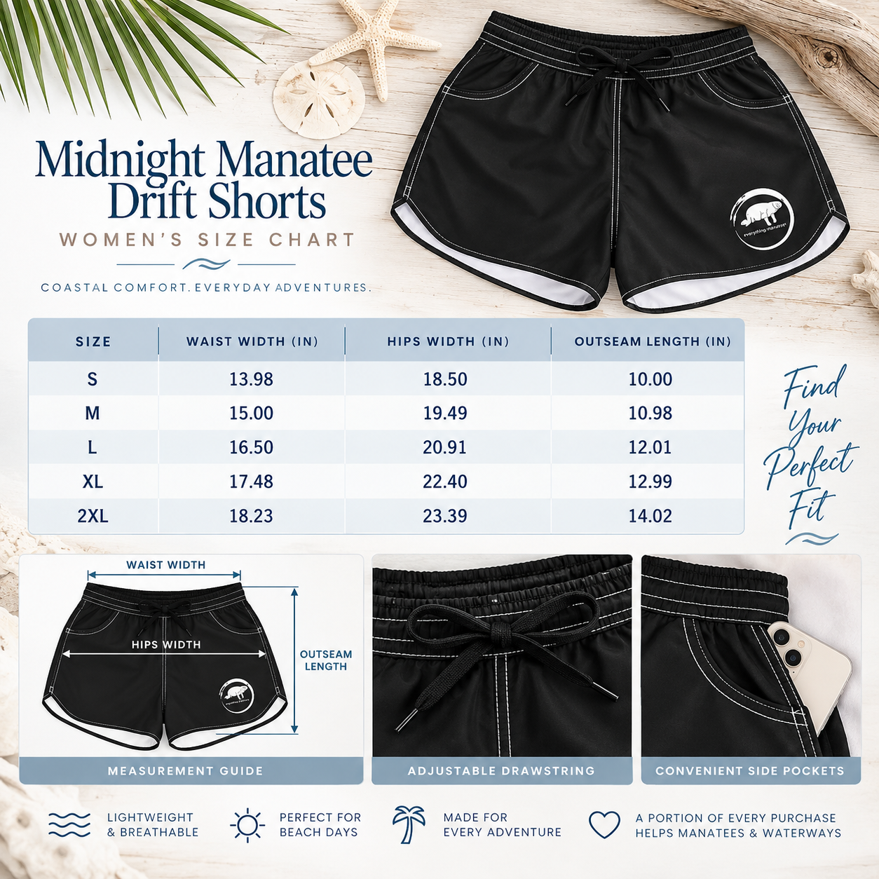A size chart and fit guide for Midnight Manatee Drift Shorts women's swim trunks, showing a size table from S to 2XL with waist, hips, and outstream measurements, plus three detail callout panels. The shorts are black with white trim and a white logo, shown against a styled beach-themed background with text overlays.