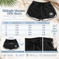 A size chart and fit guide for Midnight Manatee Drift Shorts women's swim trunks, showing a size table from S to 2XL with waist, hips, and outstream measurements, plus three detail callout panels. The shorts are black with white trim and a white logo, shown against a styled beach-themed background with text overlays.