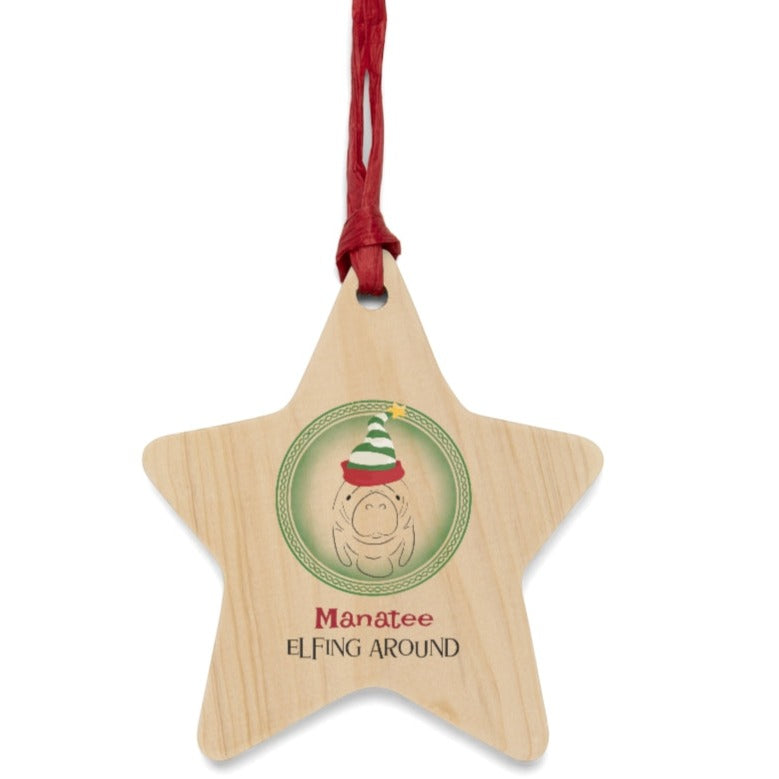 Elfing Around Manatee Wooden Christmas Ornament