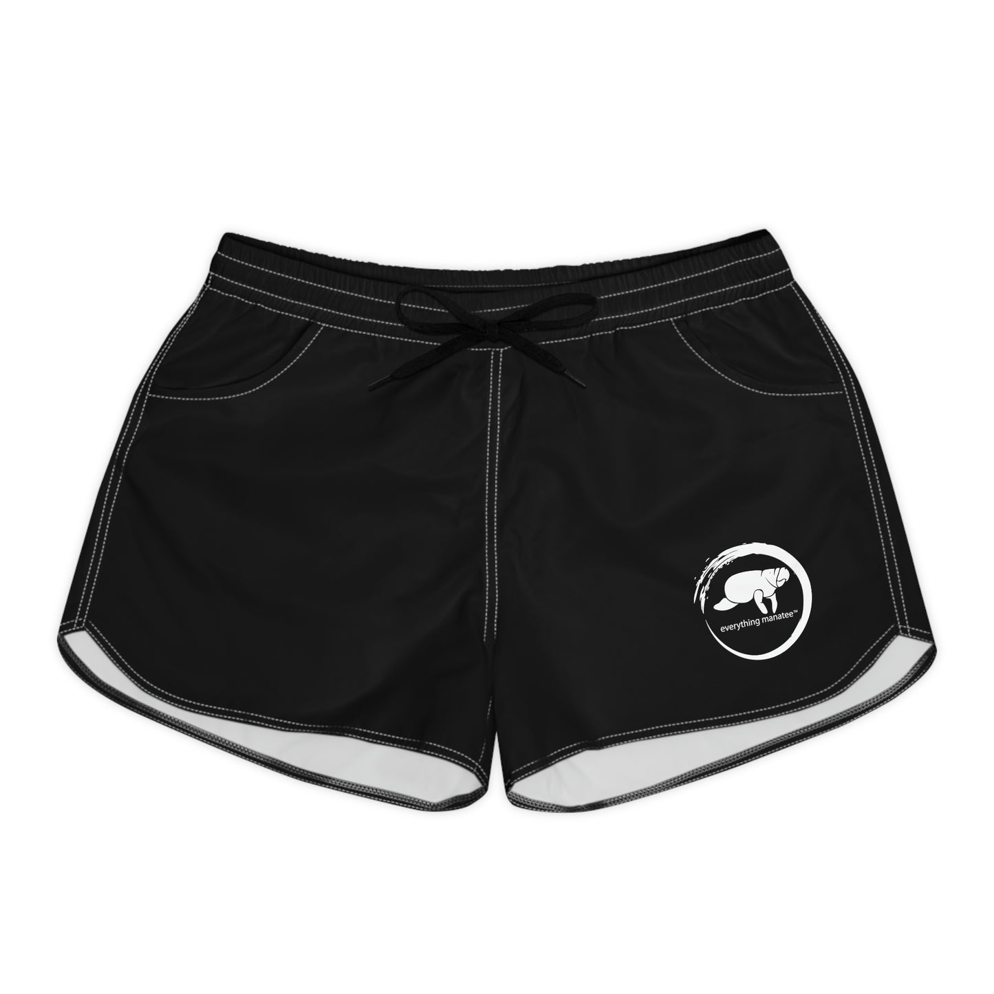 Black manatee wave shorts for women, with two side pockets and an elastic waistband with a drawstring.