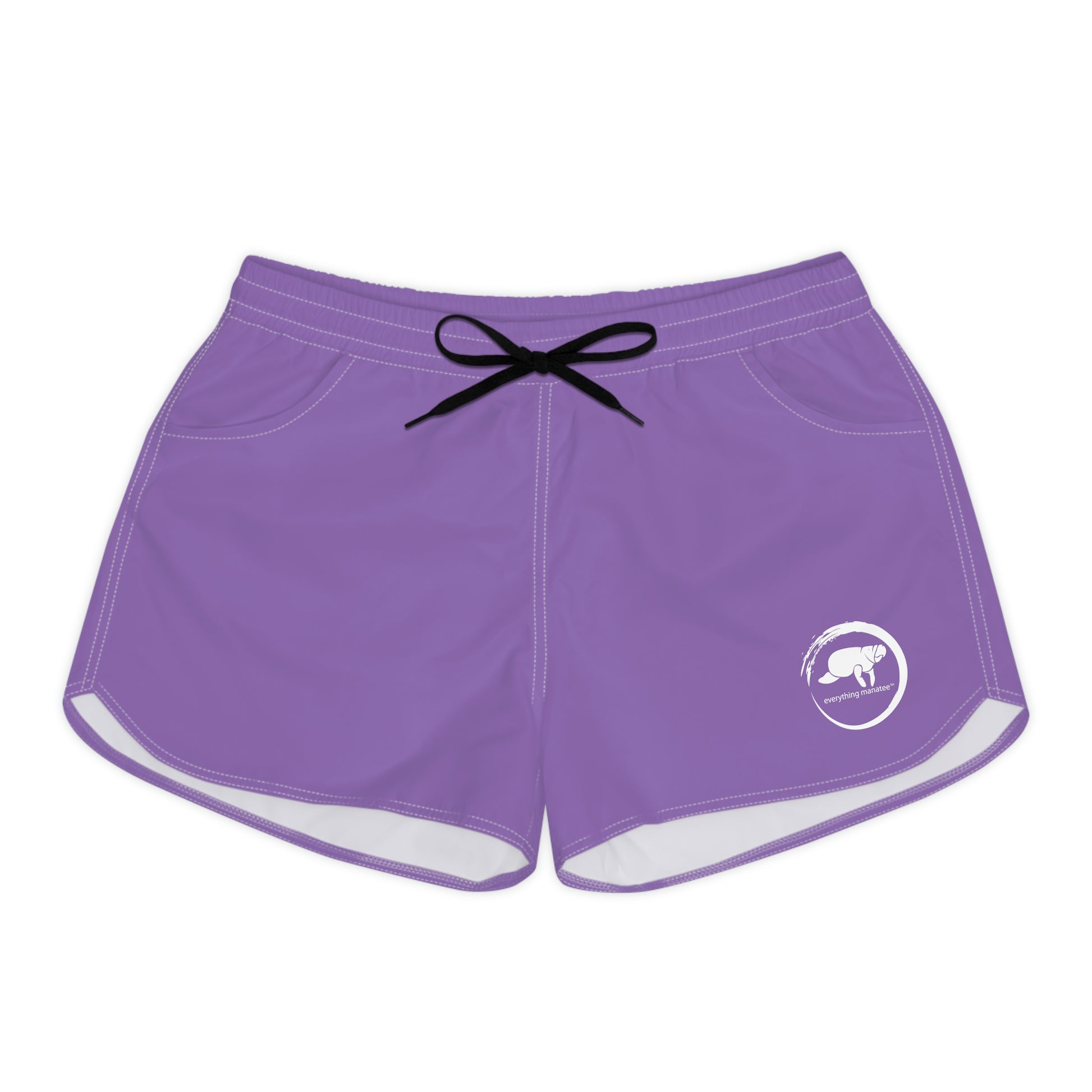 A pair of purple manatee wave shorts with an elastic waistband and drawstring, featuring two side pockets.